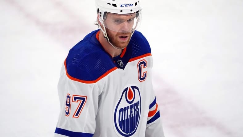 Feb 19, 2024; Tempe, Arizona, USA; Edmonton Oilers center Connor McDavid (97) skates against the Arizona Coyotes during the first period at Mullett Arena. Mandatory Credit: Joe Camporeale-USA TODAY Sports