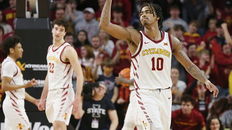 Iowa State Cyclones guard Keshon Gilbert (10) celebrates after winning 82-74 over Texas Tech during the second half in the Big-12 conference showdown of a NCAA college basketball at Hilton Coliseum on Feb. 17, 2024, in Ames, Iowa.