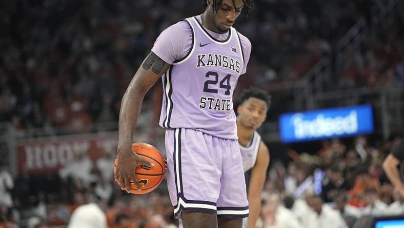 Feb 19, 2024; Austin, Texas, USA; Kansas State Wildcats forward Arthur Kaluma (24) shoots a free throw during the second half against the Texas Longhorns at Moody Center. Mandatory Credit: Scott Wachter-USA TODAY Sports