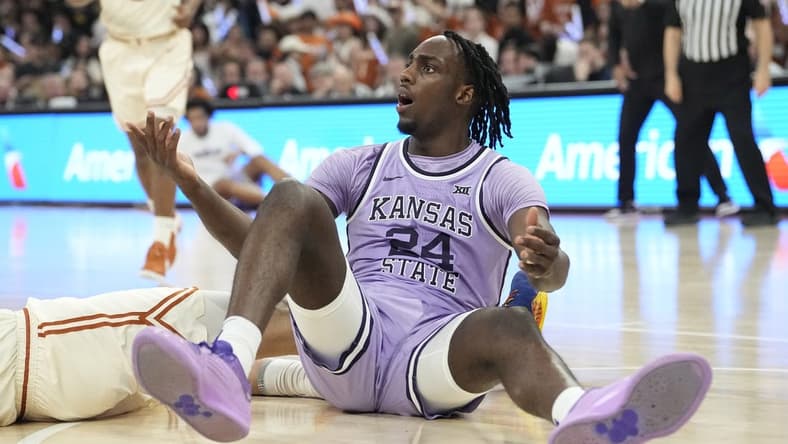 Feb 19, 2024; Austin, Texas, USA; Kansas State Wildcats forward Arthur Kaluma (24) reacts to a call during the second half against the Texas Longhorns at Moody Center. Mandatory Credit: Scott Wachter-USA TODAY Sports
