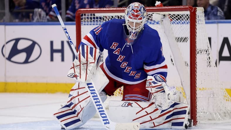 Feb 20, 2024; New York, New York, USA; New York Rangers goaltender Igor Shesterkin (31) makes a save against the Dallas Stars during the second period at Madison Square Garden. Mandatory Credit: Brad Penner-USA TODAY Sports