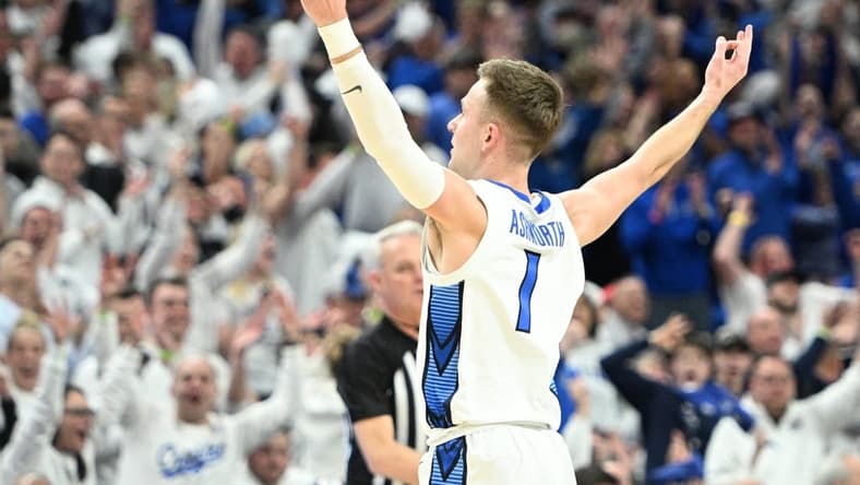 Feb 20, 2024; Omaha, Nebraska, USA; Creighton Bluejays guard Steven Ashworth (1) reacts after making a three point basket against the Connecticut Huskies in the first half at CHI Health Center Omaha. Mandatory Credit: Steven Branscombe-USA TODAY Sports