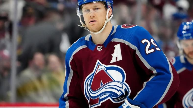 Feb 20, 2024; Denver, Colorado, USA; Colorado Avalanche center Nathan MacKinnon (29) before the game against the Vancouver Canucks at Ball Arena. Mandatory Credit: Ron Chenoy-USA TODAY Sports