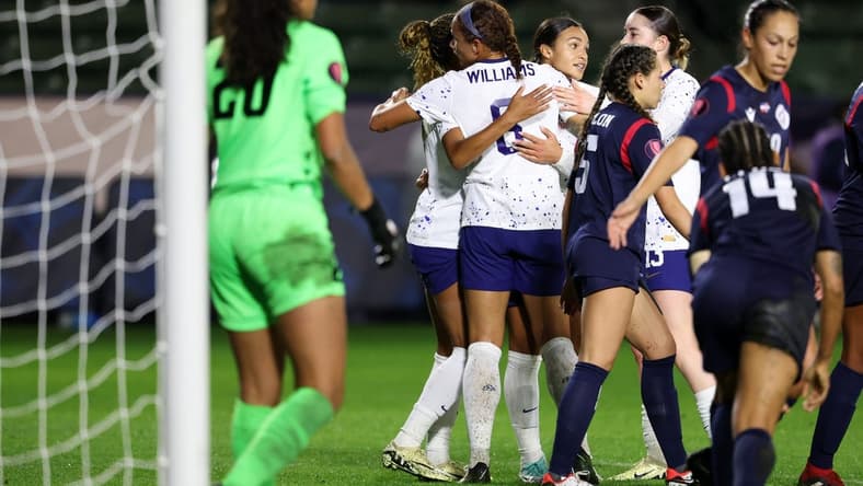 Feb 20, 2024; Carson, California, USA; United States forward Lynn Williams (6) celebrates with teammates after scoring a goal against the Dominican Republic during the first half of the 2024 Concacaf W Gold Cup group stage game at Dignity Health Sports Park. Mandatory Credit: Kiyoshi Mio-USA TODAY Sports