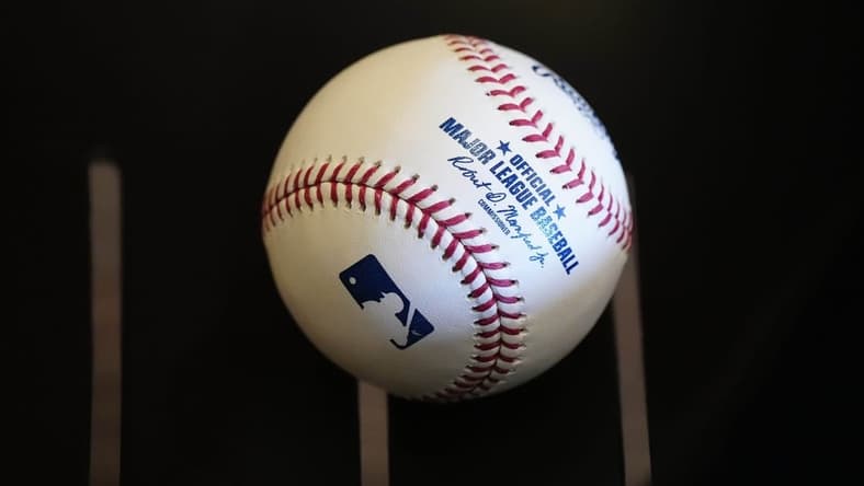 A baseball waiting to be used as a prop during Photo Day for the Diamondbacks at Salt River Fields at Talking Stick near Scottsdale on Feb. 21, 2024.