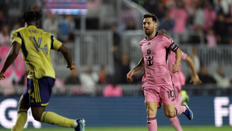 Feb 21, 2024; Fort Lauderdale, Florida, USA; Inter Miami CF forward Lionel Messi (10) kicks the ball against Real Salt Lake during the second half at Chase Stadium. Mandatory Credit: Nathan Ray Seebeck-USA TODAY Sports