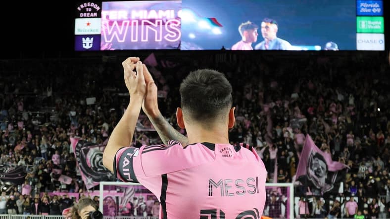 Feb 21, 2024; Fort Lauderdale, Florida, USA; Inter Miami CF forward Lionel Messi (10) reacts after the game against Real Salt Lake at Chase Stadium. Mandatory Credit: Sam Navarro-USA TODAY Sports