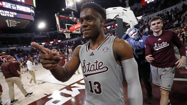 Feb 21, 2024; Starkville, Mississippi, USA; Mississippi State Bulldogs guard Josh Hubbard (13) reacts toward fans after defeating the Mississippi Rebels at Humphrey Coliseum. Mandatory Credit: Petre Thomas-USA TODAY Sports