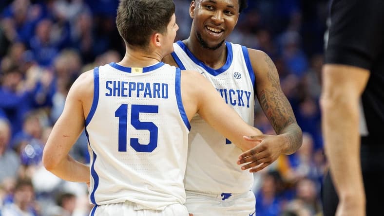 Feb 24, 2024; Lexington, Kentucky, USA; Kentucky Wildcats guard Reed Sheppard (15) celebrates with guard Justin Edwards (1) during the second half against the Alabama Crimson Tide at Rupp Arena at Central Bank Center. Mandatory Credit: Jordan Prather-USA TODAY Sports