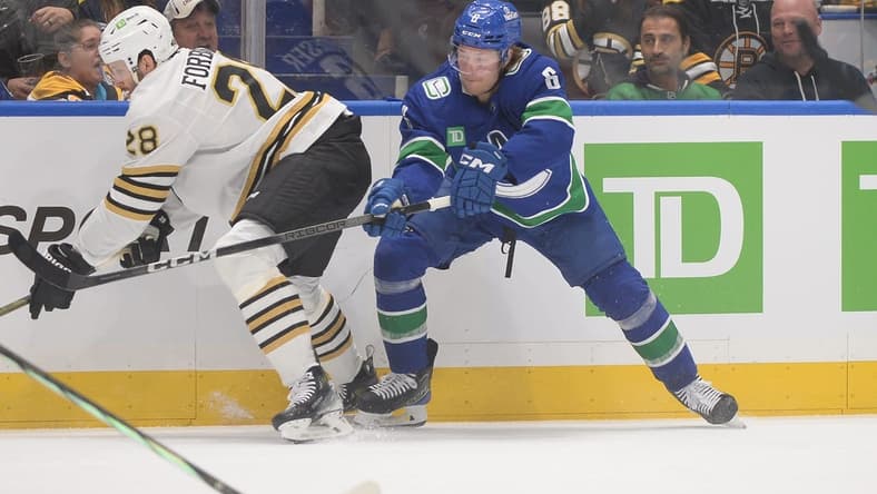 Feb 24, 2024; Vancouver, British Columbia, CAN;  Vancouver Canucks forward Brock Boeser (6) battles for the puck against Boston Bruins defenseman Derek Forbort (28) during the first period at Rogers Arena. Mandatory Credit: Anne-Marie Sorvin-USA TODAY Sports