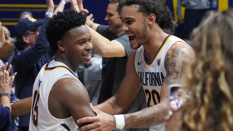 Feb 24, 2024; Berkeley, California, USA; California Golden Bears guard Jalen Cone (15) and guard Jaylon Tyson (20) celebrate after defeating the Oregon Ducks at Haas Pavilion. Mandatory Credit: Darren Yamashita-USA TODAY Sports