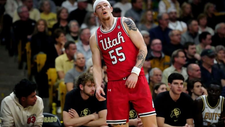 Feb 24, 2024; Boulder, Colorado, USA; Utah Utes guard Gabe Madsen (55) during the first half against the Colorado Buffaloes at the CU Events Center. Mandatory Credit: Ron Chenoy-USA TODAY Sports