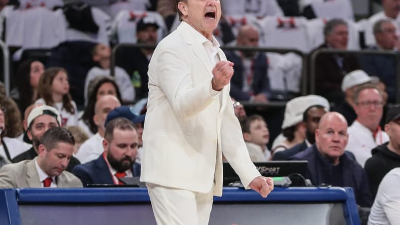 Feb 25, 2024; New York, New York, USA; St. John's Red Storm head coach Rick Pitino yells out instructions in the first half against the Creighton Bluejays at Madison Square Garden. Mandatory Credit: Wendell Cruz-USA TODAY Sports