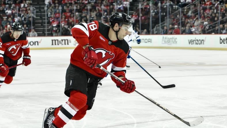 Feb 25, 2024; Newark, New Jersey, USA; New Jersey Devils right wing Timo Meier (28) skates with the puck during the second period against the Tampa Bay Lightning at Prudential Center. Mandatory Credit: John Jones-USA TODAY Sports