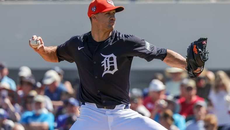 Feb 26, 2024; Lakeland, Florida, USA; Detroit Tigers starting pitcher Jack Flaherty (45) pitches during the first inning against the Houston Astros at Publix Field at Joker Marchant Stadium. Mandatory Credit: Mike Watters-USA TODAY Sports