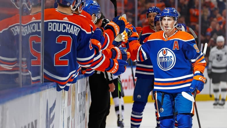 Feb 26, 2024; Edmonton, Alberta, CAN; The Edmonton Oilers celebrate a goal scored by forward Ryan Nugent-Hopkins (93) during the third period against the Los Angeles Kings at Rogers Place. Mandatory Credit: Perry Nelson-USA TODAY Sports