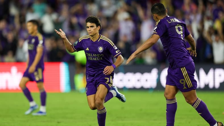Feb 27, 2024; Orlando, FL, USA; Orlando City forward Ramiro Enrique (7) celebrates after scoring a goal agaisnt Cavalry FC in the second half during a Concacaf Champions Cup match at Inter&Co Stadium. Mandatory Credit: Nathan Ray Seebeck-USA TODAY Sports