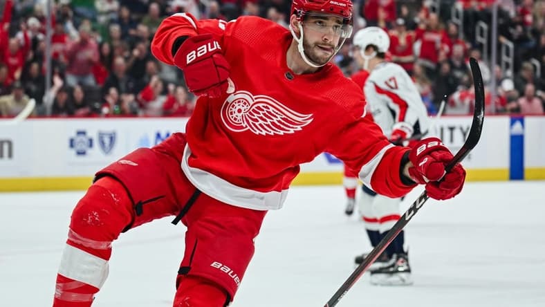 Feb 27, 2024; Detroit, Michigan, USA; Detroit Red Wings defenseman Shayne Gostisbehere (41) celebrates his goal during the second period against the Washington Capitals at Little Caesars Arena. Mandatory Credit: Tim Fuller-USA TODAY Sports
