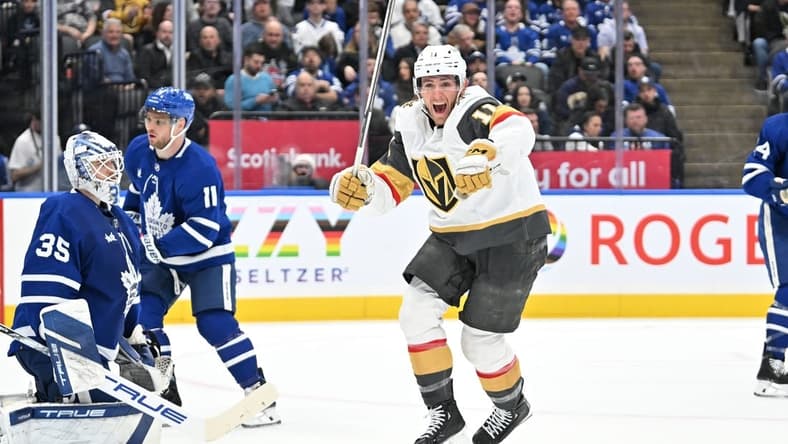 Feb 27, 2024; Toronto, Ontario, CAN; Vegas Golden Knights forward Mason Morelli (11) celebrates after scoring a goal past Toronto Maple Leafs goalie Ilya Samsonov (35) in the second period at Scotiabank Arena. Mandatory Credit: Dan Hamilton-USA TODAY Sports