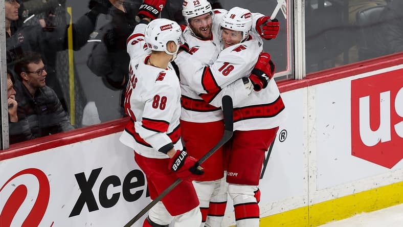 Feb 27, 2024; Saint Paul, Minnesota, USA; Carolina Hurricanes right wing Stefan Noesen (23) celebrates his goal against the Minnesota Wild during the third period at Xcel Energy Center. Mandatory Credit: Matt Krohn-USA TODAY Sports