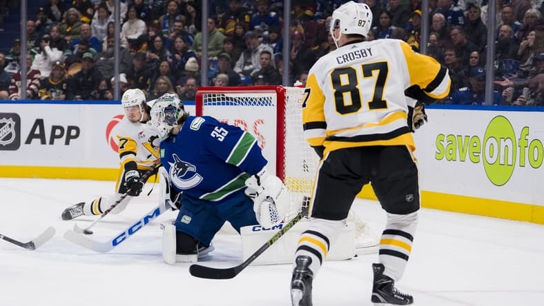 Feb 27, 2024; Vancouver, British Columbia, CAN; Pittsburgh Penguins forward Sidney Crosby (87) watches as forward Rickard Rakell (67) scores on Vancouver Canucks goalie Thatcher Demko (35) in the second period at Rogers Arena. Mandatory Credit: Bob Frid-USA TODAY Sports