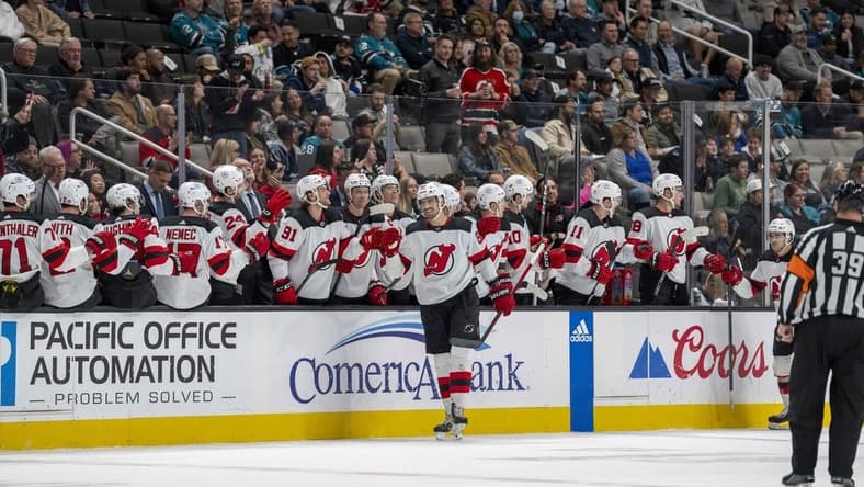 Feb 27, 2024; San Jose, California, USA;  New Jersey Devils defenseman Kevin Bahl (88) celebrates with teammates after the goal during the second period against the San Jose Sharks at SAP Center at San Jose. Mandatory Credit: Neville E. Guard-USA TODAY Sports