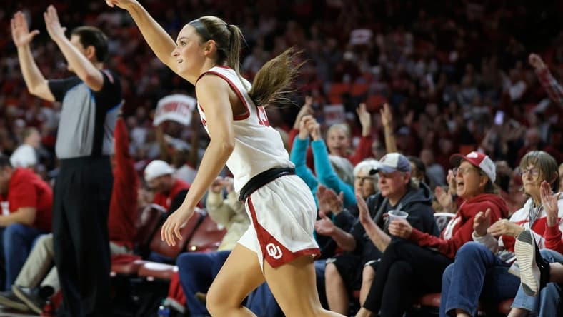 Oklahoma Sooners guard Lexy Keys (15) celebrates after making a 3-pointer during a women's college basketball game between the University of Oklahoma Sooners (OU) and the Texas Longhorns at Lloyd Noble Center in Norman, Okla., Wednesday, Feb. 28, 2024.