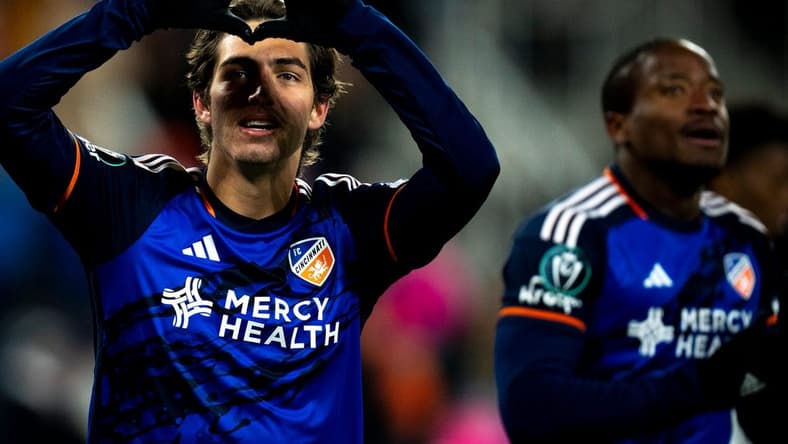 FC Cincinnati midfielder Gerardo Valenzuela (22) celebrates after scoring a goal in the second half of the MLS match between the FC Cincinnati and the Cavalier FC at TQL Stadium in Cincinnati on Wednesday, Feb. 28, 2024.