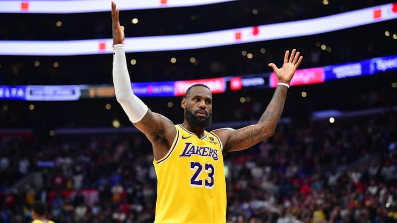 Feb 28, 2024; Los Angeles, California, USA; Los Angeles Lakers forward LeBron James (23) celebrates the victory against the Los Angeles Clippers at Crypto.com Arena. Mandatory Credit: Gary A. Vasquez-USA TODAY Sports