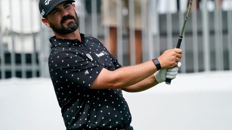 Chad Ramey watches his tee shot on the 17th hole during the opening round of The Cognizant Classic in The Palm Beaches at PGA National Resort & Spa on Thursday, February 29, 2024, in Palm Beach Gardens, FL.