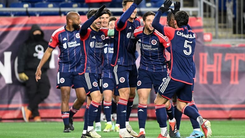 Feb 29, 2024; Foxborough, MA, USA; The New England Revolution react after a goal was scored by midfielder Nacho Gil (21) during the first half of a match against the Club Atletico Independiente at Gillette Stadium. Mandatory Credit: Brian Fluharty-USA TODAY Sports