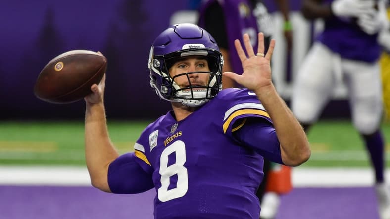 Oct 18, 2020; Minneapolis, Minnesota, USA; Minnesota Vikings quarterback Kirk Cousins (8) warms up before the game against the Atlanta Falcons at U.S. Bank Stadium. Mandatory Credit: Jeffrey Becker-USA TODAY Sports