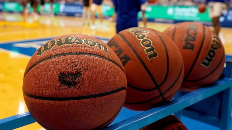 Dec 11, 2020; Lawrence, Kansas, USA; A general view of racked basketballs. Mandatory Credit: Denny Medley-USA TODAY Sports
