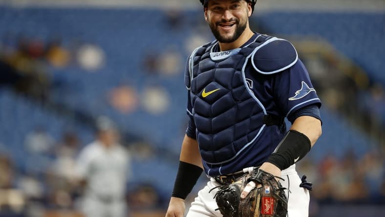 Aug 4, 2021; St. Petersburg, Florida, USA; Tampa Bay Rays catcher Mike Zunino (10) smiles during the second inning against the Seattle Mariners at Tropicana Field. Mandatory Credit: Kim Klement-USA TODAY Sports