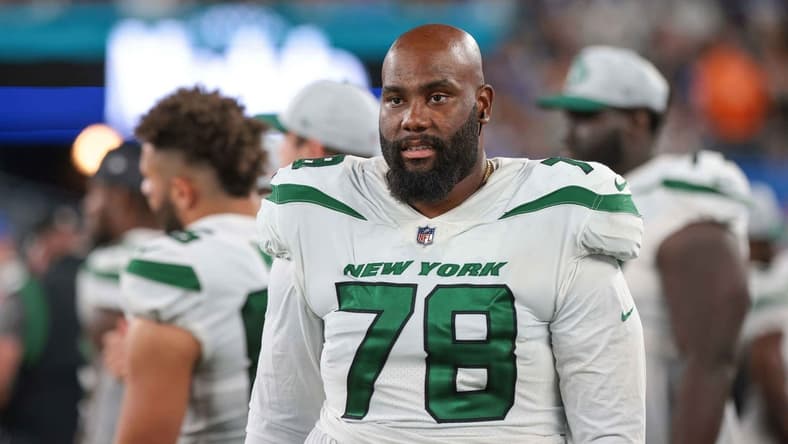 Aug 14, 2021; East Rutherford, New Jersey, USA; New York Jets offensive tackle Morgan Moses (78) during the second half against the New York Giants at MetLife Stadium. Mandatory Credit: Vincent Carchietta-USA TODAY Sports