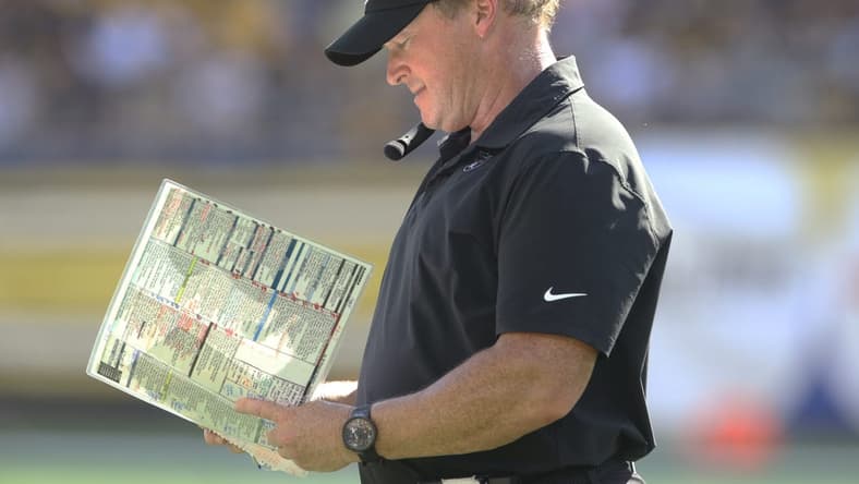 Sep 19, 2021; Pittsburgh, Pennsylvania, USA; Las Vegas Raiders head coach Jon Gruden looks at his play chart against the Pittsburgh Steelers during the fourth quarter at Heinz Field. Las Vegas won 26-17. Mandatory Credit: Charles LeClaire-USA TODAY Sports