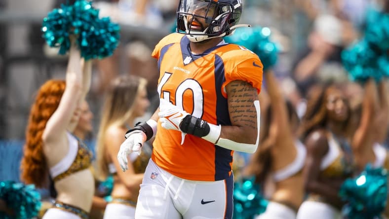 Sep 19, 2021; Jacksonville, Florida, USA; Denver Broncos linebacker Justin Strnad (40) against the Jacksonville Jaguars at TIAA Bank Field. Mandatory Credit: Mark J. Rebilas-USA TODAY Sports