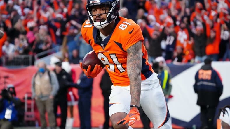 Broncos wide receiver Tim Patrick (81) celebrates his touchdown reception in the third quarter against the Cincinnati Bengals at Empower Field at Mile High Mandatory Credit: Ron Chenoy-USA TODAY Sports