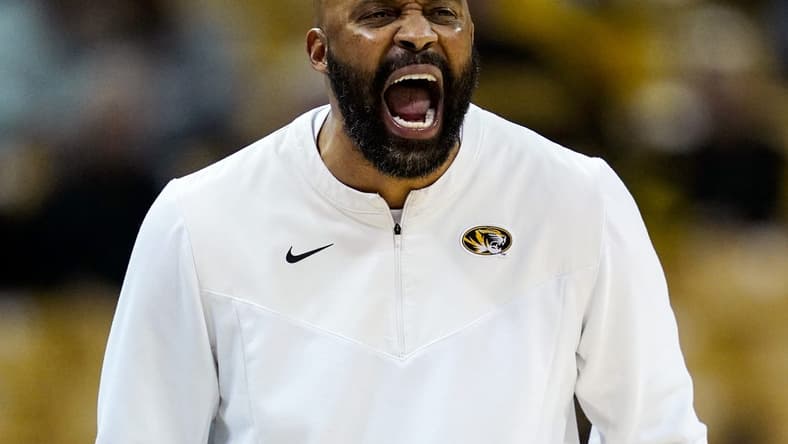Feb 20, 2022; Columbia, Missouri, USA; Missouri Tigers head coach Cuonzo Martin reacts during the second half against the Mississippi State Bulldogs at Mizzou Arena. Mandatory Credit: Jay Biggerstaff-USA TODAY Sports