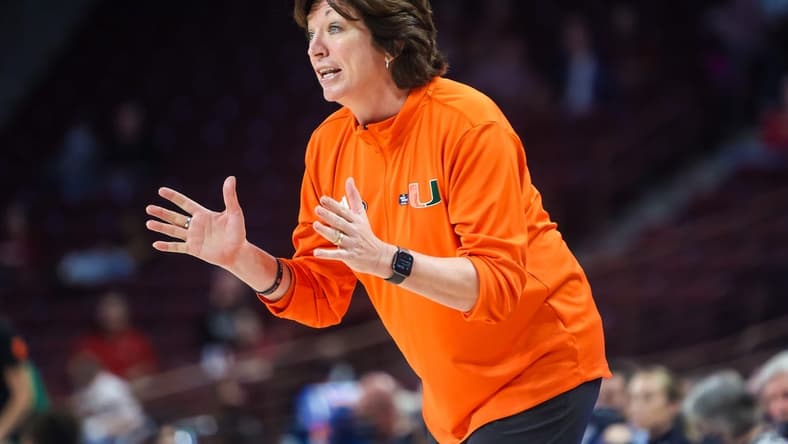 Mar 18, 2022; Columbia, South Carolina, USA; Miami Hurricanes head coach Katie Meier directs her team against the South Florida Bulls in the second half at Colonial Life Arena. Mandatory Credit: Jeff Blake-USA TODAY Sports