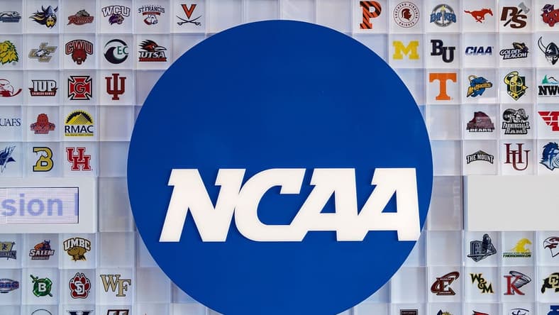 University logos cover a wall in the lobby of NCAA headquarters Thursday, Feb. 25, 2021, in Indianapolis.
Ncaa National Collegiate Athletics Association Office Headquarters In Indianapolis Feb 25 2021