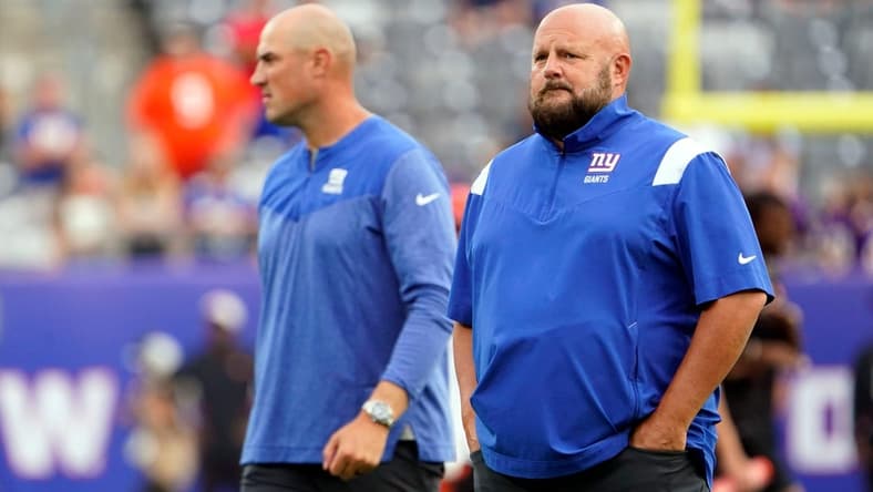 New York Giants head coach Brian Daboll and offensive coordinator Mike Kafka, left, on the field for warmups before a preseason game at MetLife Stadium on August 21, 2022, in East Rutherford.

Nfl Ny Giants Preseason Game Vs Bengals Bengals At Giants