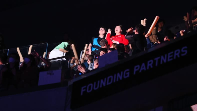 Nov 5, 2022; San Francisco, California, USA; Fans react after accepting a marriage proposal between games during the League of Legends World Championships between DRX and T1 at Chase Center. Mandatory Credit: Kelley L Cox-USA TODAY Sports