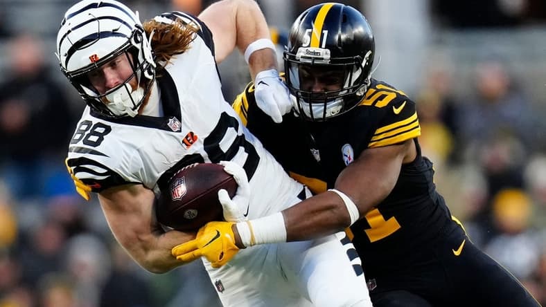 Cincinnati Bengals tight end Hayden Hurst (88) is brought down by Pittsburgh Steelers linebacker Myles Jack (51) on a reception in the first quarter of of the NFL Week 11 game between the Pittsburgh Steelers and the Cincinnati Bengals at Acrisure Stadium in Pittsburgh on Sunday, Nov. 20, 2022. The Steelers led 20-17 at halftime.
Cincinnati Bengals At Pittsburgh Steelers Week 11