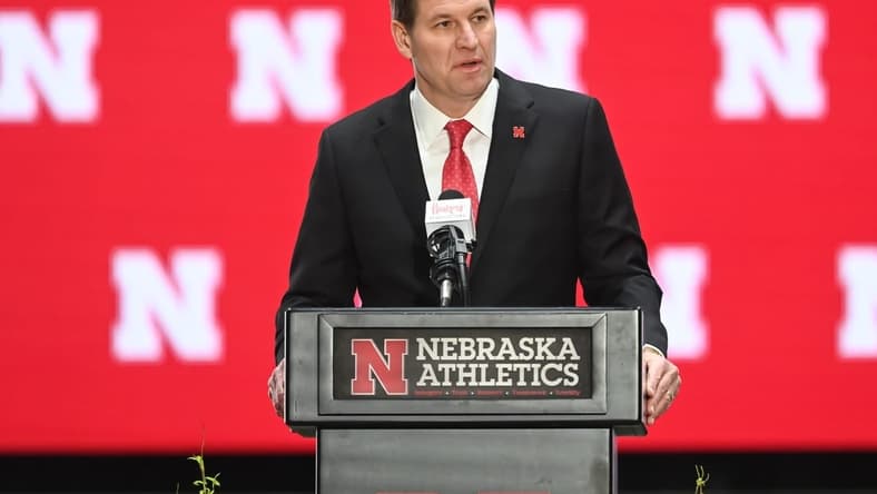 Nov 28, 2022; Omaha, Nebraska, US; Nebraska Cornhuskers athletic director Trev Alberts speaks at the introductory press conference at the Hawks Championship Center on the University of Nebraska-Lincoln campus. Mandatory Credit: Steven Branscombe-USA TODAY Sports