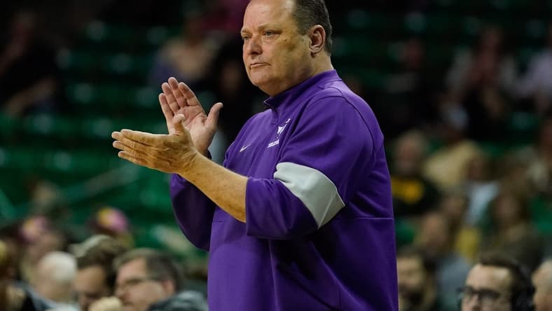 Dec 6, 2022; Waco, Texas, USA; Tarleton Texans head coach Billy Gillispie reacts to a call against the Baylor Bears during the first half at Ferrell Center. Mandatory Credit: Chris Jones-USA TODAY Sports