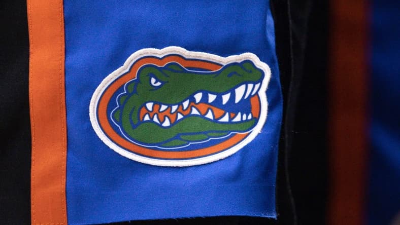 Jan 10, 2023; Baton Rouge, Louisiana, USA; Detailed view of the Florida Gators logo against the LSU Tigers during the second half at Pete Maravich Assembly Center. Mandatory Credit: Stephen Lew-USA TODAY Sports