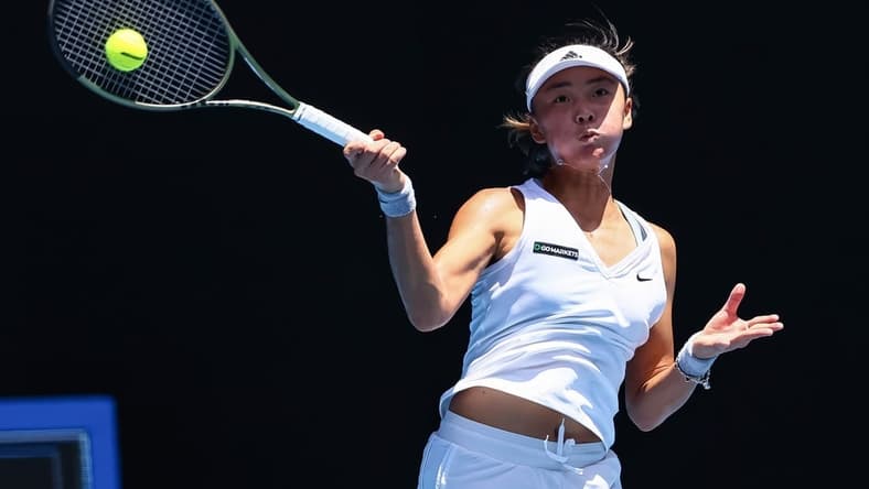 Jan 16, 2023; Melbourne, VICTORIA, Australia; Yue Yuan (China) returns the ball against Maria Sakkari (Greece) (not pictured) at Melbourne Park. Mandatory Credit: Mike Frey-USA TODAY Sports
