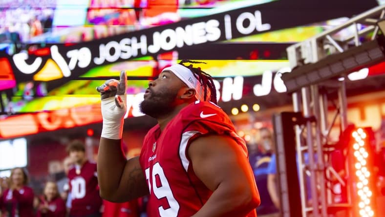Nov 27, 2022; Glendale, AZ, USA; Arizona Cardinals offensive lineman Josh Jones (79) against the Los Angeles Chargers at State Farm Stadium. Mandatory Credit: Mark J. Rebilas-USA TODAY Sports
