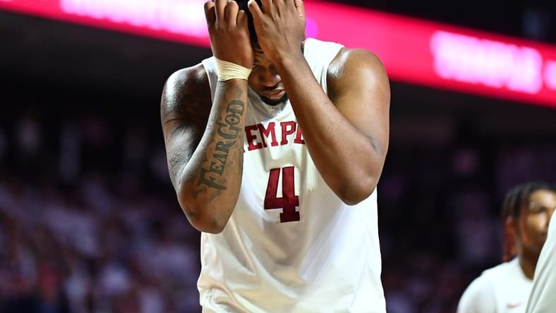 Feb 5, 2023; Philadelphia, Pennsylvania, USA; Temple Owls forward Jamille Reynolds (4) reacts against the Houston Cougars in the second half at The Liacouras Center. Mandatory Credit: Kyle Ross-USA TODAY Sports